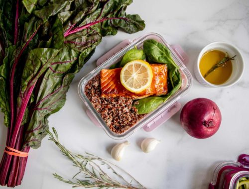 healthy salmon meal cooking in an air fryer